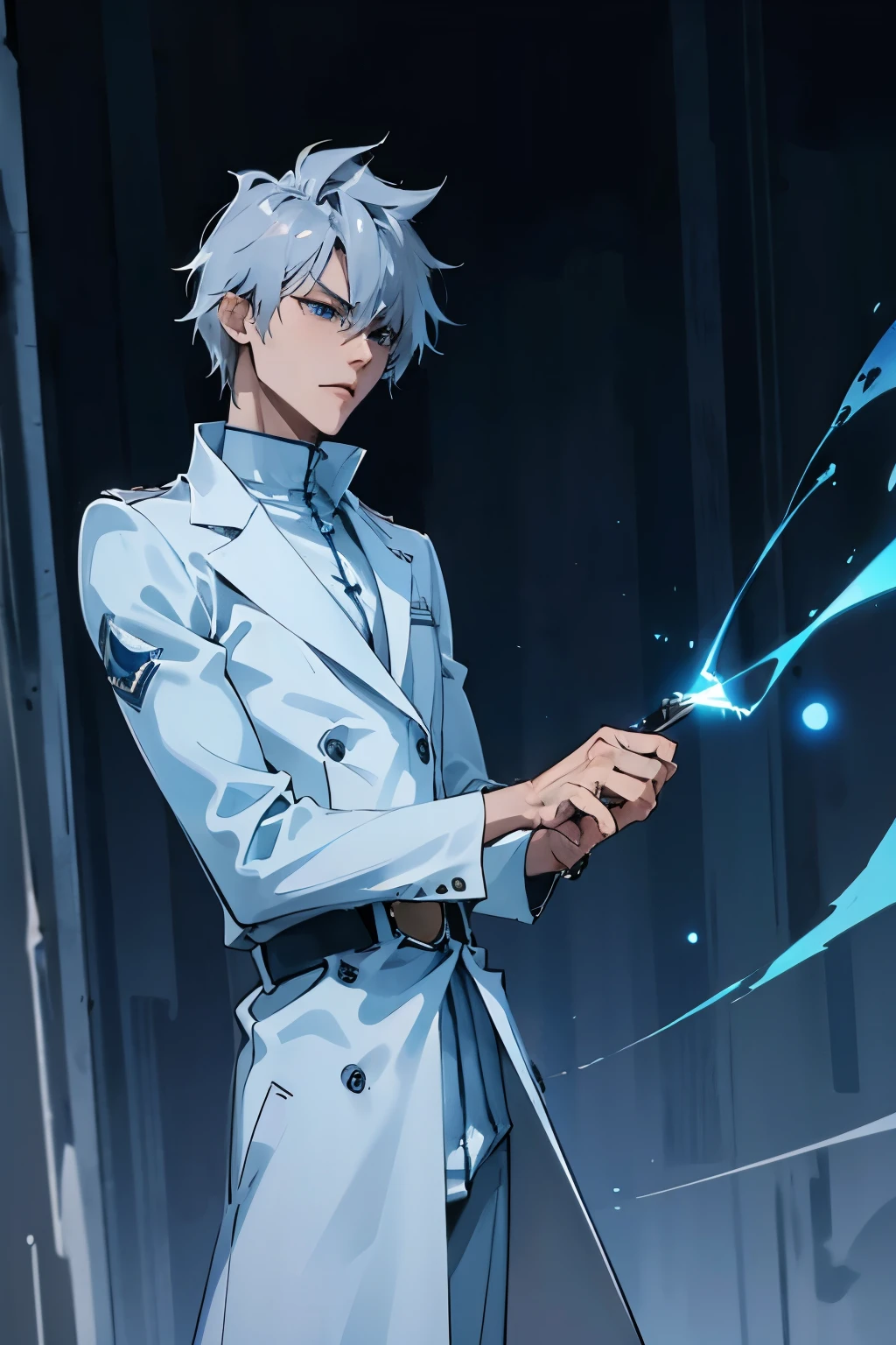 A tall, lean, muscular male Quincy warrior with sharp features, short, tousled silver hair, and glowing blue eyes. He wears a dark blue Quincy coat with silver trim and a high collar, fitted white tunic beneath, and dark blue trousers tucked into white combat boots. 