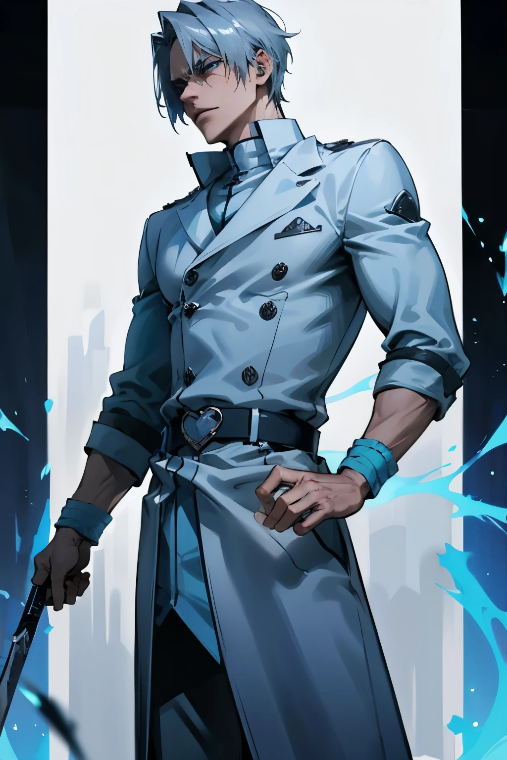 A tall, lean, muscular male Quincy warrior with sharp features, short, tousled silver hair, and glowing blue eyes. He wears a dark blue Quincy coat with silver trim and a high collar, fitted white tunic beneath, and dark blue trousers tucked into white combat boots. 