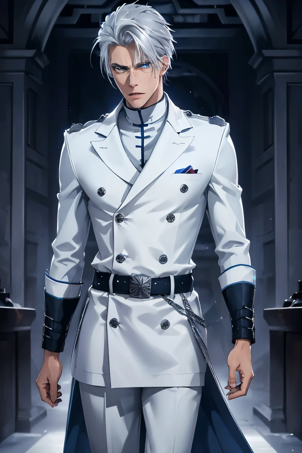 A tall, lean, muscular male Quincy warrior with sharp features, short, tousled silver hair, and glowing blue eyes. He wears a dark blue Quincy coat with silver trim and a high collar, fitted white tunic beneath, and dark blue trousers tucked into white combat boots. 