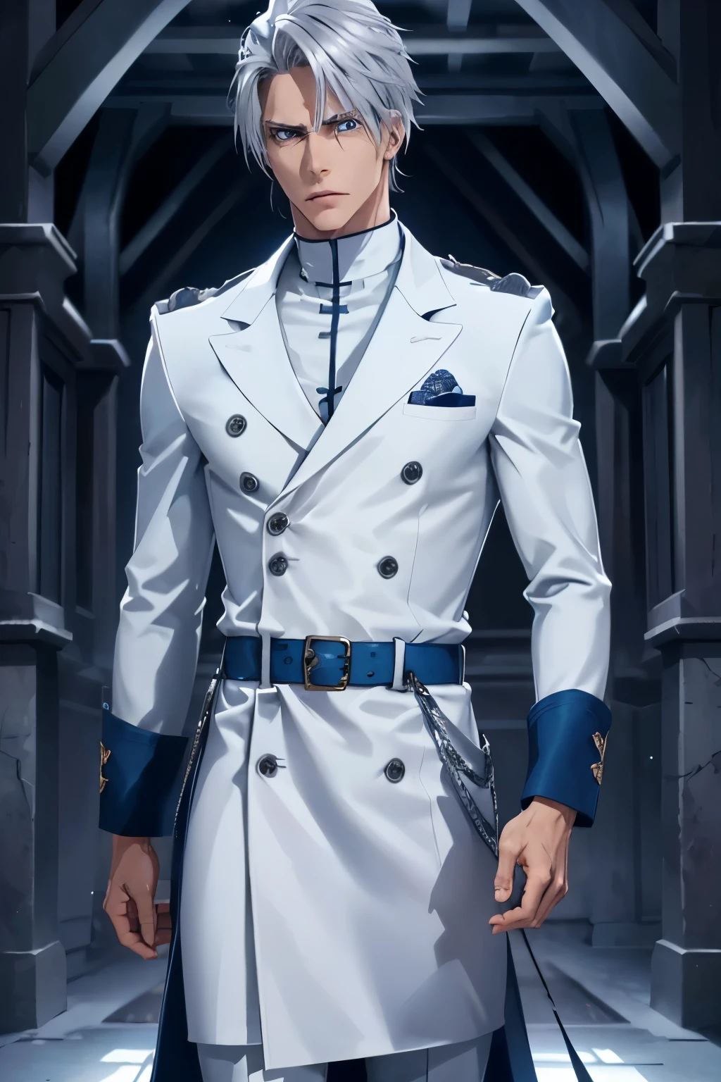 A tall, lean, muscular male Quincy warrior with sharp features, short, tousled silver hair, and glowing blue eyes. He wears a dark blue Quincy coat with silver trim and a high collar, fitted white tunic beneath, and dark blue trousers tucked into white combat boots. 