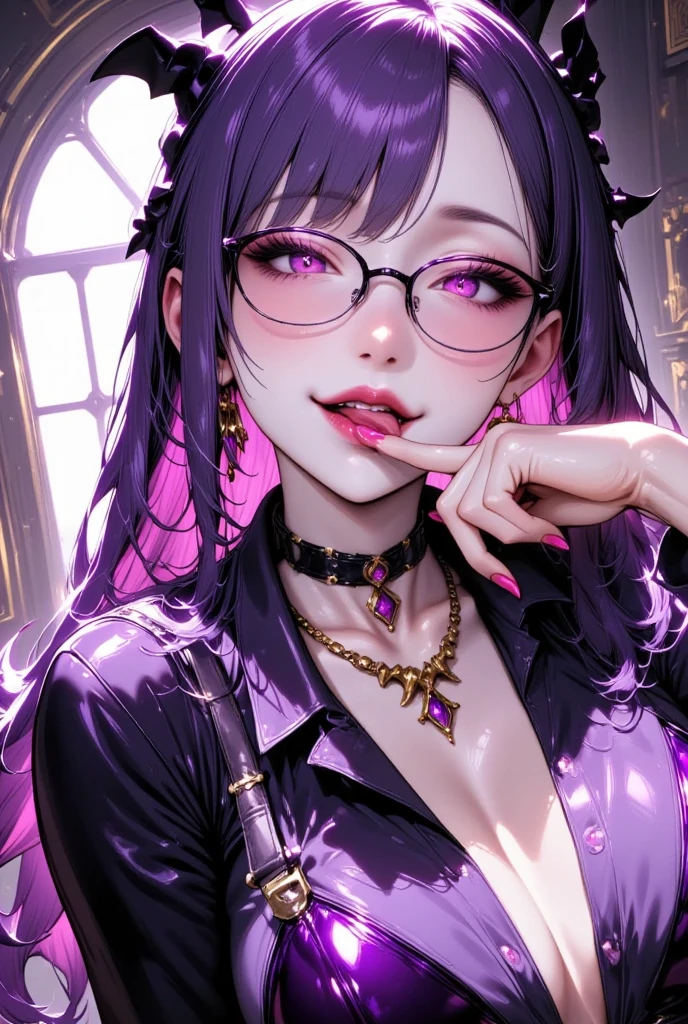  1 mature beautiful woman ,(Best Quality, Extremely Detailed Description , incredibly absurd high definition, Sharp Teeth Like a Beast ,Beautiful legs,Detailed pupil, Pottery Skin ,High quality anime drawings:2.0),( office lady,An excellent female secretary,Villainess,Glasses:2.0),( business suits ,Latex tight skirt,Formal Shirt,tie, black tights, Luxurious Accessories ,Black Leather Choker, High Heels ),eyelash,(Purple Eyes,Crazy Eyes, half-closed eye:2.0, big chest,wicked smile:2.3,Glossy lips, looking for a tongue :2.0,Touching your mouth with your fingers:2.0,Seductive gestures:2.0, pink nails for :2.0),whole body:2.0,
