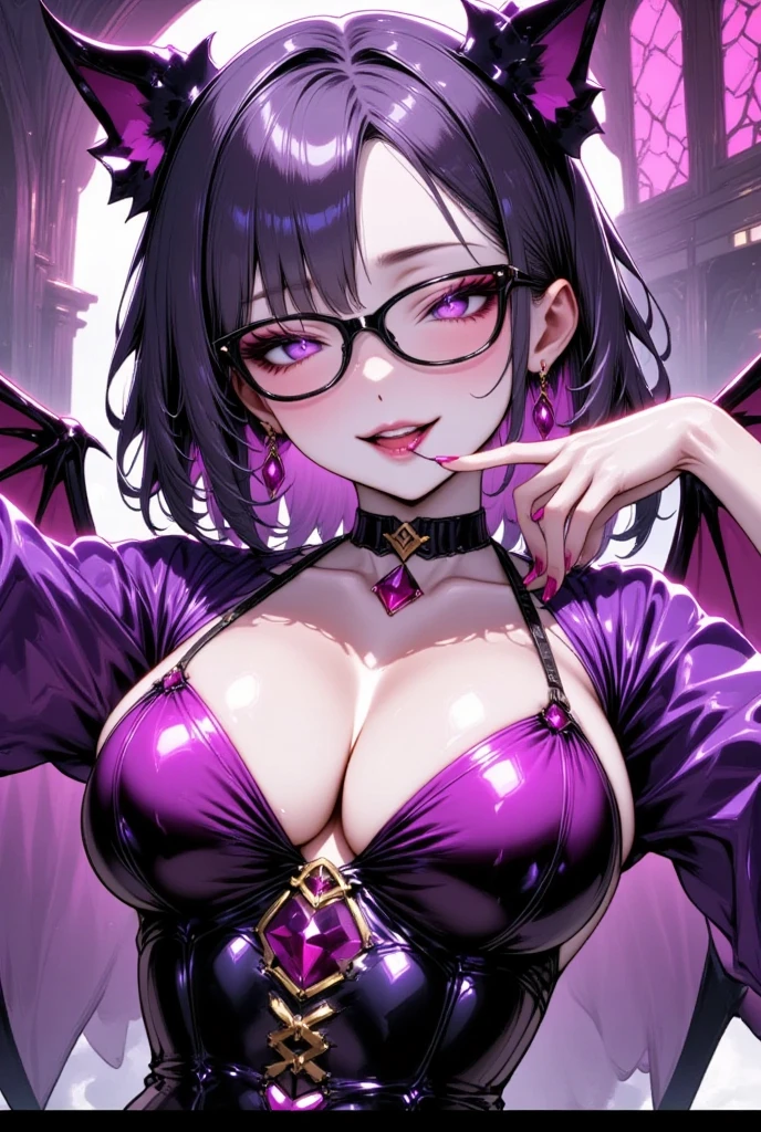  1 mature beautiful woman ,(Best Quality, Extremely Detailed Description , incredibly absurd high definition, Sharp Teeth Like a Beast ,Beautiful legs,Detailed pupil, Pottery Skin ,High quality anime drawings:2.0),( office lady,An excellent female secretary,Villainess,Glasses:2.0),( business suits ,Latex tight skirt,Formal Shirt,tie, black tights, Luxurious Accessories ,Black Leather Choker, High Heels ),eyelash,(Purple Eyes,Crazy Eyes, half-closed eye:2.0, big chest,wicked smile:2.3,Glossy lips, looking for a tongue :2.0,Touching your mouth with your fingers:2.0,Seductive gestures:2.0, pink nails for :2.0),whole body:2.0,
