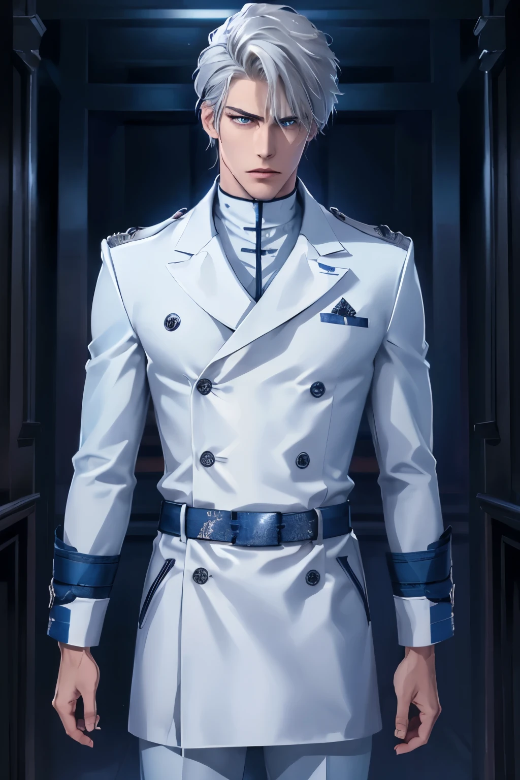 A tall, lean, muscular male Quincy warrior with sharp features, short, tousled silver hair, and glowing blue eyes. He wears a dark blue Quincy coat with silver trim and a high collar, fitted white tunic beneath, and dark blue trousers tucked into white combat boots. Young male, handsome.