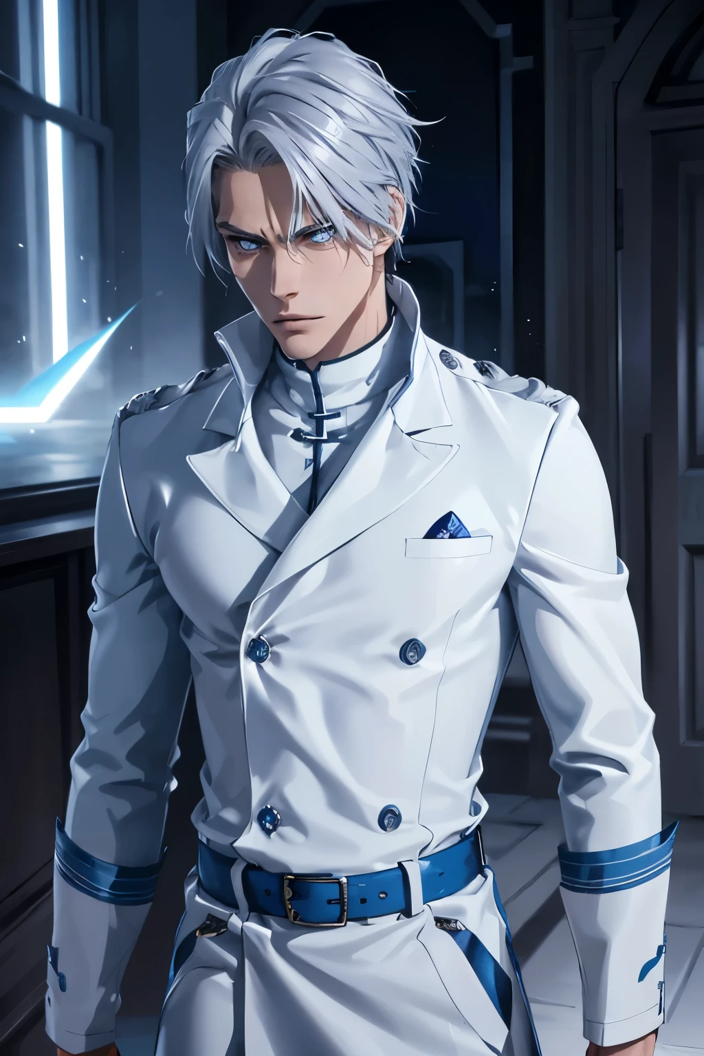 A tall, lean, muscular male Quincy warrior with sharp features, short, tousled silver hair, and glowing blue eyes. He wears a dark blue Quincy coat with silver trim and a high collar, fitted white tunic beneath, and dark blue trousers tucked into white combat boots. 