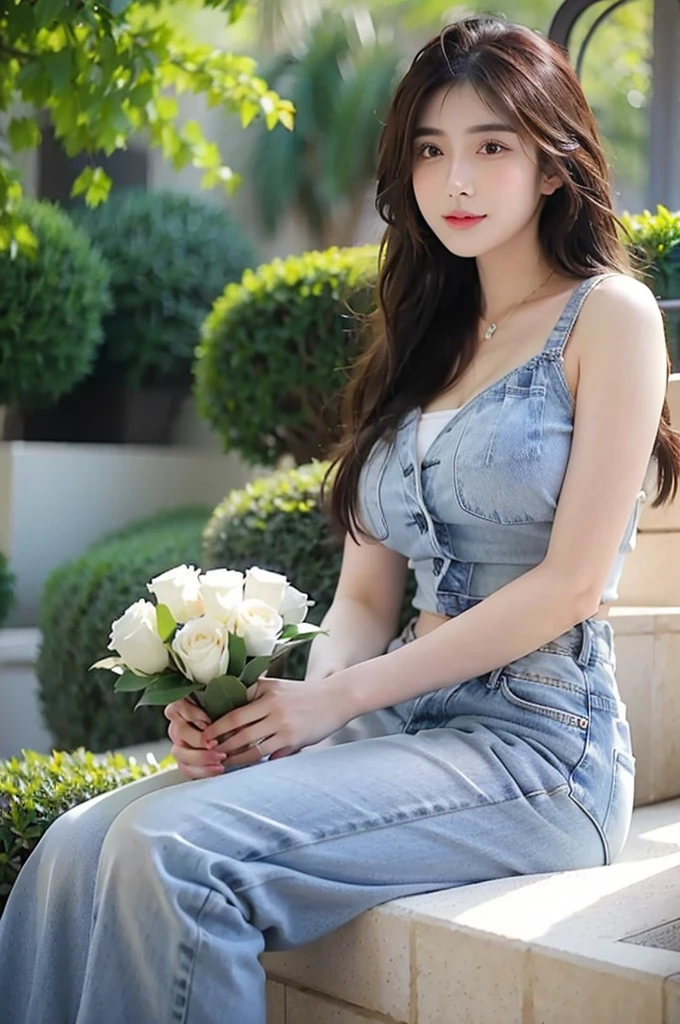 (Highly detailed body, highly detailed face, best quality: 1.2), adult woman, looking at the viewer, (Pink bougainvillea mess in the background: 1.4) top quality, masterpiece, high resolution, 1girl, blue skirt, white shirt, beautiful detailed face, squatting, office worker uniform, skirt flipping, underwear visible, from the front below,