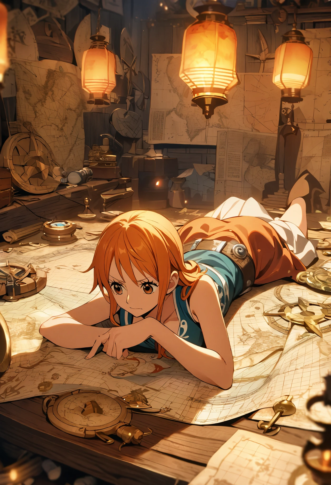 Nami, from One Piece, is seated at a large, intricately detailed map spread across an ancient, weathered wooden table. She leans over it with a focused expression, her orange hair falling around her shoulders as she traces new routes with her finger. The dim lantern light casts a warm, golden glow, highlighting her concentration. Nautical tools like compasses, maps, and rulers are scattered around, while a small, magical glow seems to emanate from a marked X on the map, symbolizing her journey toward a grand destiny. The background is filled with maritime artifacts and maps, adding to the atmosphere of exploration and adventure.