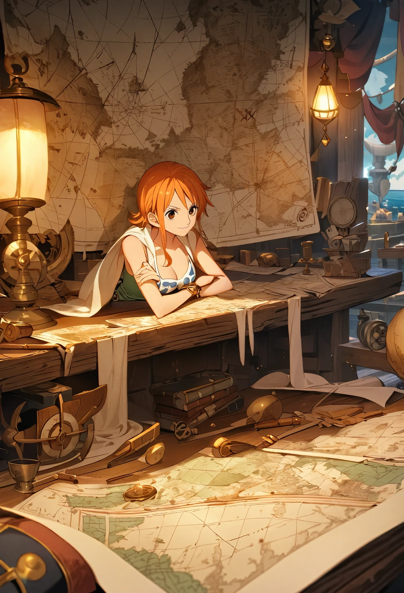 Nami, from One Piece, is seated at a large, intricately detailed map spread across an ancient, weathered wooden table. She leans over it with a focused expression, her orange hair falling around her shoulders as she traces new routes with her finger. The dim lantern light casts a warm, golden glow, highlighting her concentration. Nautical tools like compasses, maps, and rulers are scattered around, while a small, magical glow seems to emanate from a marked X on the map, symbolizing her journey toward a grand destiny. The background is filled with maritime artifacts and maps, adding to the atmosphere of exploration and adventure.