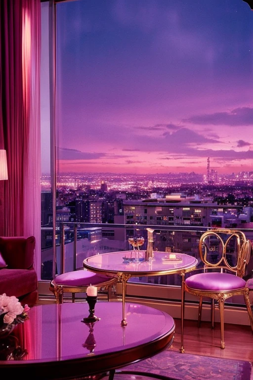 dreamy, luxurious apartment with satin metallic furniture at twilight with a view overlooking of a city. gradient of purples and pinks sky, enhancing the magical, serene atmosphere. 1994 retro film still, retrowave