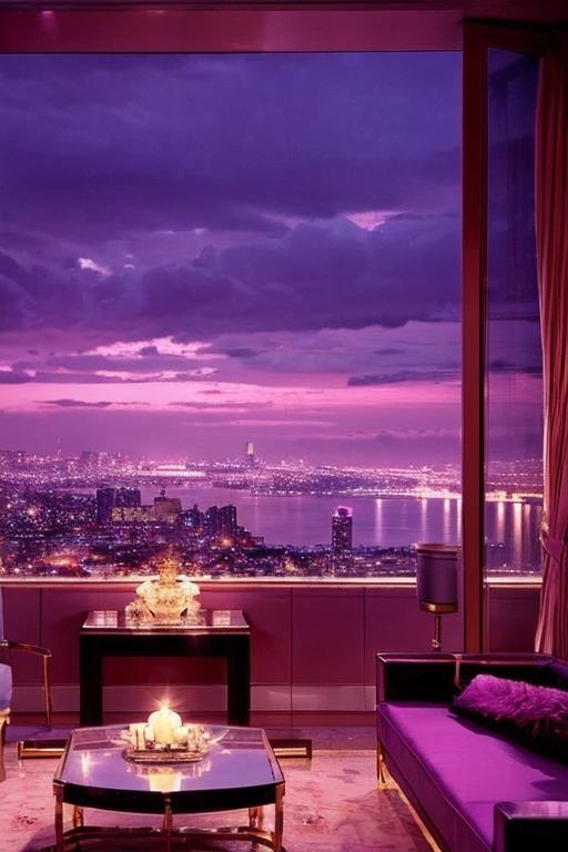 dreamy, luxurious apartment with satin metallic furniture at twilight with a view overlooking of a city. gradient of purples and pinks sky, enhancing the magical, serene atmosphere. 1994 retro film still, retrowave