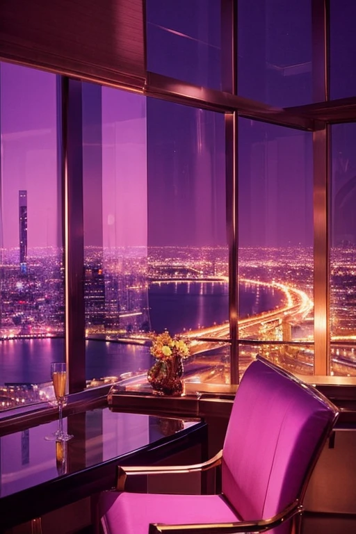 dreamy, luxurious apartment with satin metallic furniture at twilight with a view overlooking of a city. gradient of purples and pinks sky, enhancing the magical, serene atmosphere. 1994 retro film still, retrowave