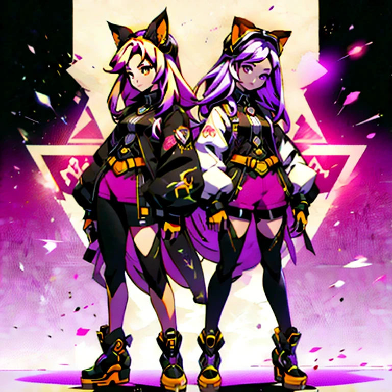  anime-style image of  (((Two girls with fox ears and purple eyes ))) And pink and yellow hair with an open mouth,  conceptual art  by Kamagurka, pixiv, hairy art,  full body commission for ,  feminine furry mini fluffy style , cute art style, em alta no artstation pixiv, moon themed outfit, symmetry!!  conceptual art , jazza e rossdraws,  high quality anime art style . white background.