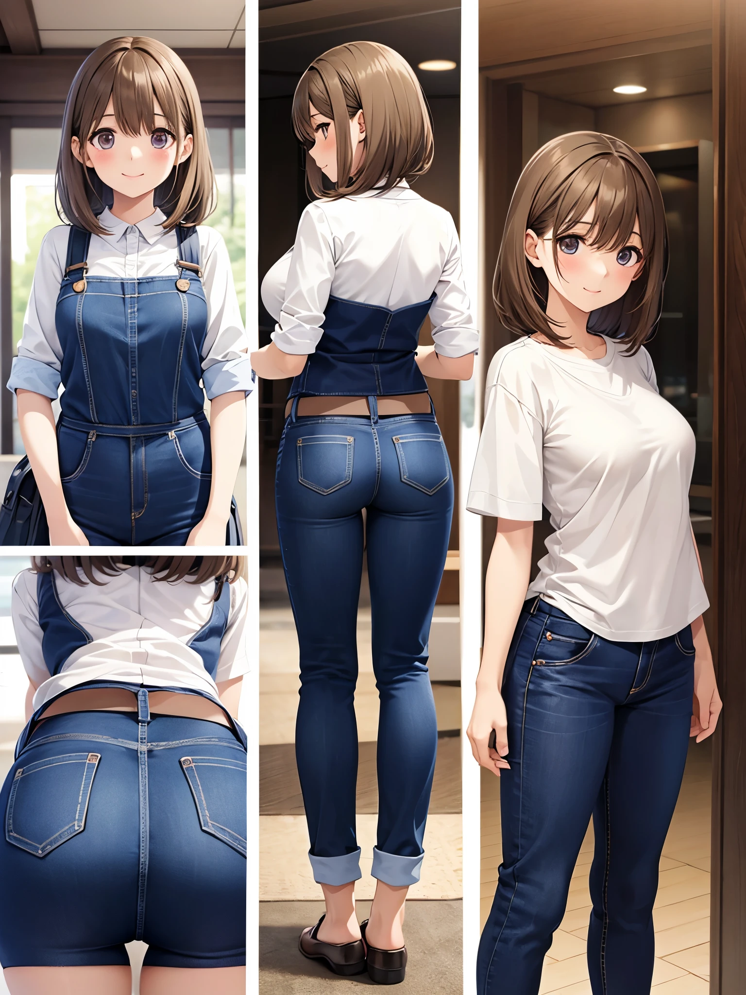 1girl,blush, smile, Cute girl anime visuals, Beautiful Anime Girls, Smooth anime CG art, Official artwork, Fascinating anime ,(skiny pants:1.2),(Multiple views:1.7)