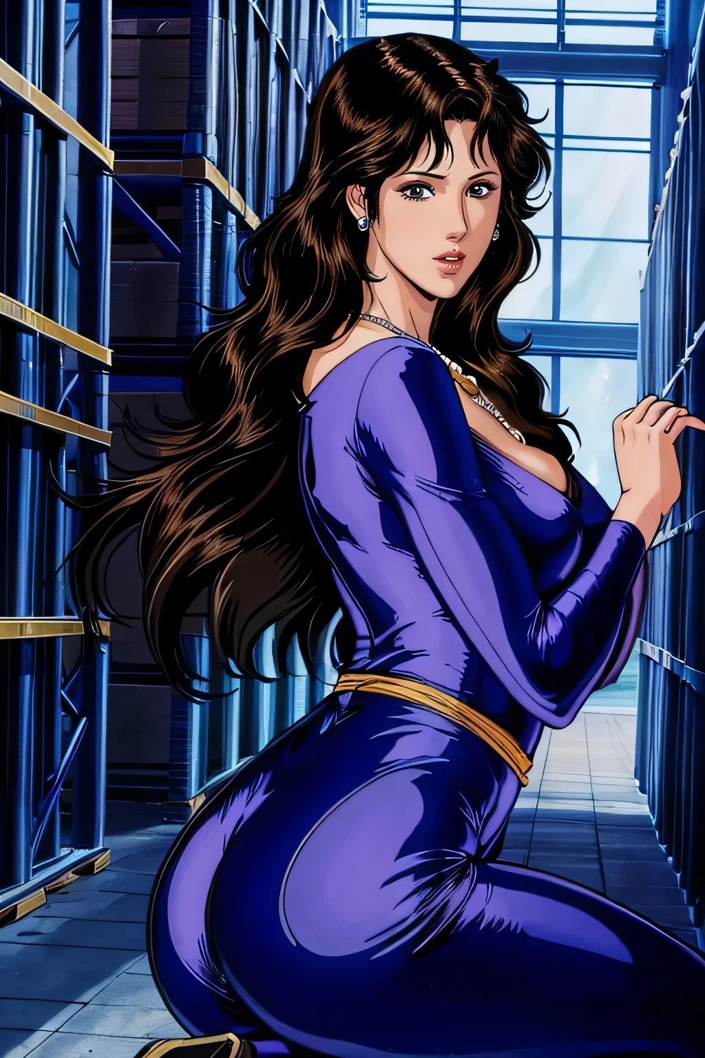 ((( I'm shaking her butt violently  、 Sexy Butts)))、 long wavy hair、Brown eyed woman,(((  has a mole on the side of the mouth ))),Heavy makeup,, Purple Bodysuit,Outside the shoulder, Long Pants , Clothes that fit the body,  sparkling outfit .   I'm wrapping a blue band around my waist , Perfect quality, Good quality, masterpiece,   high definition , 超  high definition 、(((The background is a warehouse)))、masterpiece, 超High image quality,  beautiful details,thin,Tall beauty、thin、thin beauty、 thin thighs、 necklace ((  high definition ))、((masterpiece))、((High image quality))、8ｋ、((Facial details))、 Woman 1,  please wrap the blue belt around your waist 