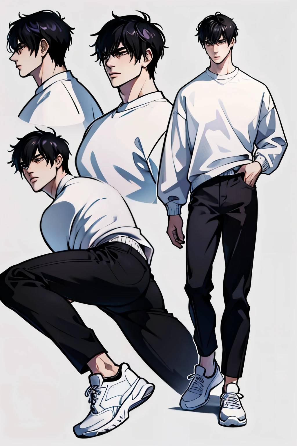 Character Sheet, Character Design, male, 20 years old, black hair, modern clothes, white sweater, black pants, white shoes, ((masterpiece)), 4K, 8K, 16K, UHD, Ultra HD, Ultra detailed, side profile