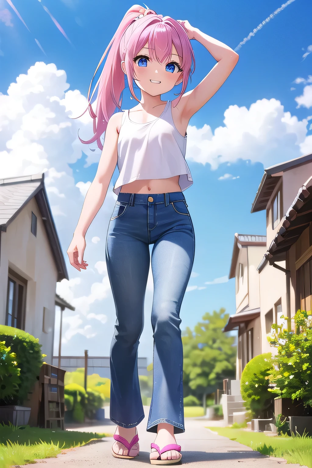 masterpiece,best quality,ultra detail,1girl, ,petismile happy, sakura garden, shining, sunny, cloud, ponytail hair, blue eyes, pink hair, hair ornament, ribbon hair ornament, Raise your arms and behind your head,White teeth, White Tank tops, White Crop tops, jeans pants, (flares jeans 1:1), blue jeans, Slippers, (((full body))), legs full stretched out,