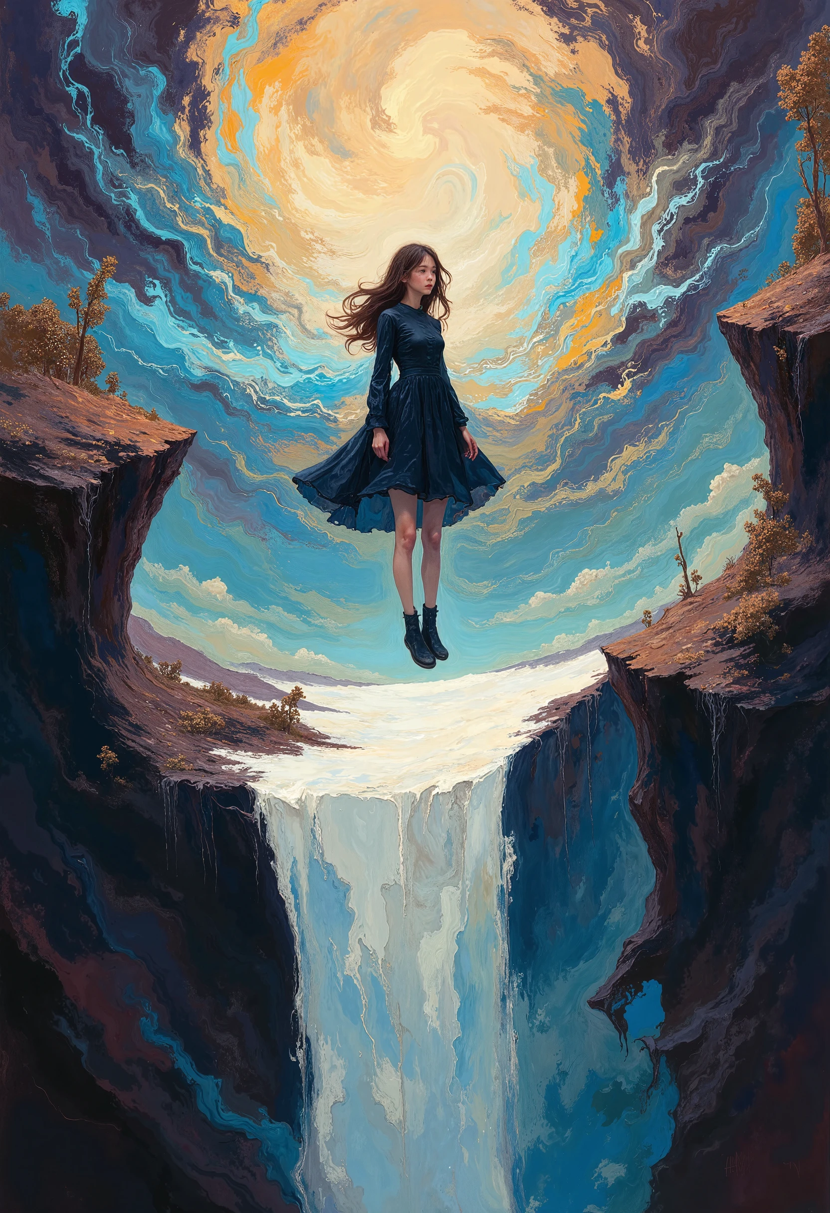 DB4RZ style painting,A girl floating above the edge of a white cliff, colorful swirling patterns in the background, dark surrounding edges, DB4RZ style painting, highly detailed, intricate, hyperrealistic, dramatic lighting, vivid colors, photorealistic, 8k, masterpiece, cinematic composition, elegant, mysterious, thoughtful expression,HDR,UHD,studio lighting,ultra-fine painting,