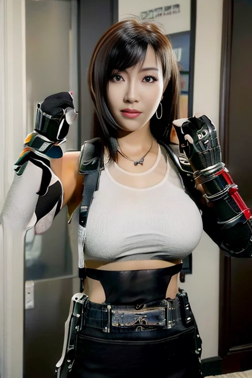 ( Best Quality ), (tifa lockhart), (Overall view)     beautiful and sexy young woman , 18 years old,      toned and muscular    ,  With a cool and handsome face    , SharpEye, Big Breasts, Kamen Rider costume