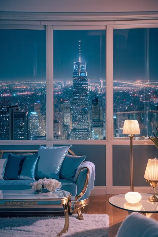 dreamy, luxurious apartment with satin metallic furniture at twilight with a view overlooking of a city. gradient of light blue and white sky, enhancing the magical, serene atmosphere. 1994 retro film still, retrowave