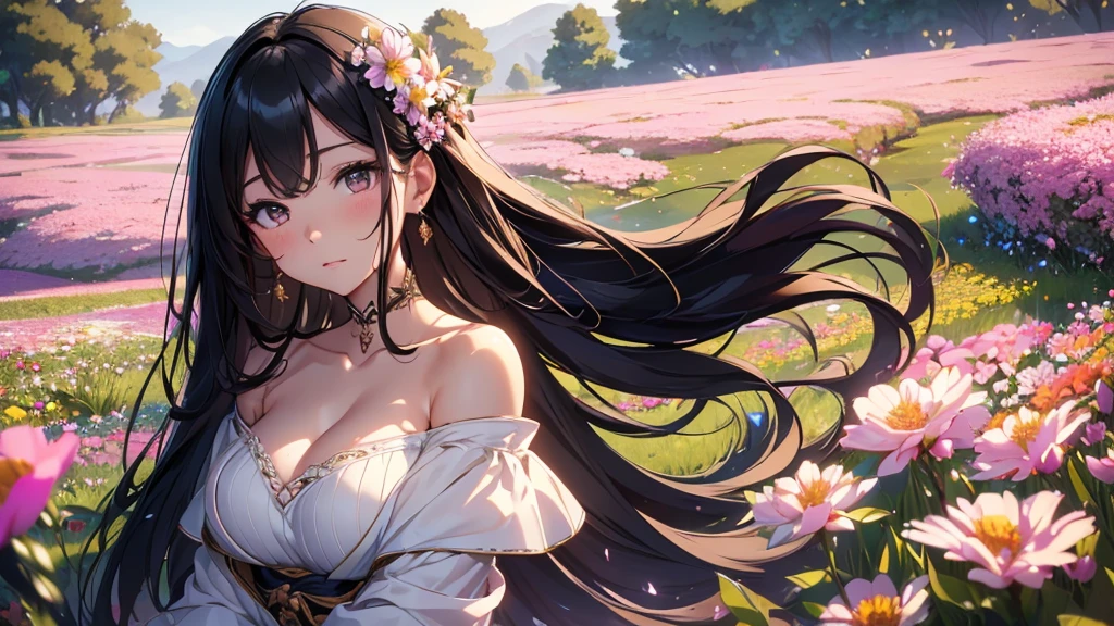 Realistic,  high definition, Soft light,1 female, 、Japanese、Alone,  glowing skin , (  Detailed Face ), (Black Hair),( long hair), Off Shoulder Dress , white mini skirt dress,Soft and warm tones, Delicate brushwork,  proper use of light and shadow , ((Vast flower fields),(Surrounded by flowers)),(per masseter:1.3)、 big breasts at the temple, wide open chest ,excessive exposure of the skin,
