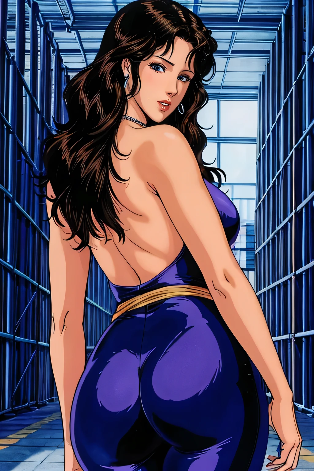 ((( I'm shaking her butt violently  、 Sexy Butts)))、 long wavy hair、Brown eyed woman,(((  has a mole on the side of the mouth ))),Heavy makeup,, Purple Bodysuit,Outside the shoulder, Long Pants , Clothes that fit the body,  sparkling outfit .   I'm wrapping a blue band around my waist , Perfect quality, Good quality, masterpiece,   high definition , 超  high definition 、(((The background is a warehouse)))、masterpiece, 超High image quality,  beautiful details,thin,Tall beauty、thin、thin beauty、 thin thighs、 necklace ((  high definition ))、((masterpiece))、((High image quality))、8ｋ、((Facial details))、 Woman 1,  please wrap the blue belt around your waist 