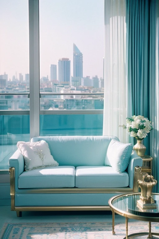 dreamy, luxurious apartment with satin metallic furniture at morning with a view overlooking of a city. gradient of light blue and white sky, enhancing the magical, serene atmosphere. 1994 retro film still, retrowave