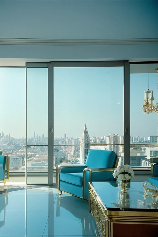 dreamy, luxurious apartment with satin metallic furniture at morning with a view overlooking of a city. gradient of light blue and white sky, enhancing the magical, serene atmosphere. 1994 retro film still, retrowave