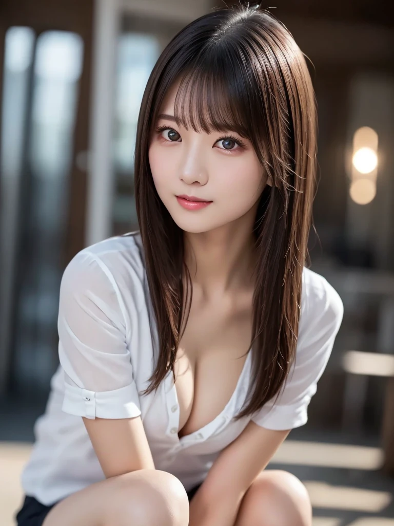  white shirt 、Complex and beautiful eyes、woman、 womanらしい黒髪、(Delicate and realistic hair、１Realistic hair)、bangs、 naturally colored lips、smile、((White indoor))、indoor、((18歳woman:1.2))、 young and adorable Japanese faces, Official Art， very detailedなCGユニティ8Kの壁紙，（masterpiece:1.0),(Best Quality:1.0), 超 high definition,4K, very detailed, photo shoot, 8k,  NFS W ,  high definition, Kodak Portra 400,  film grain,  lens flare glow ,高いest quality,8k, NFS W :1.2),  Portrait Shot ,8k、 viewer, (((Front View))), (((Front View))), ((facing))、 body facing forward、Bold cleavage、 firm chest、 small face, ((Bare legs))、Best Quality、 Super beautiful images、 upper body、stand up