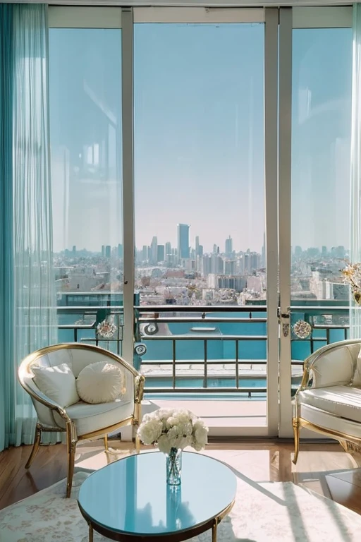 dreamy, luxurious apartment with satin metallic furniture at morning with a view overlooking of a city. gradient of light blue and white sky, enhancing the magical, serene atmosphere. 1994 retro film still, retrowave