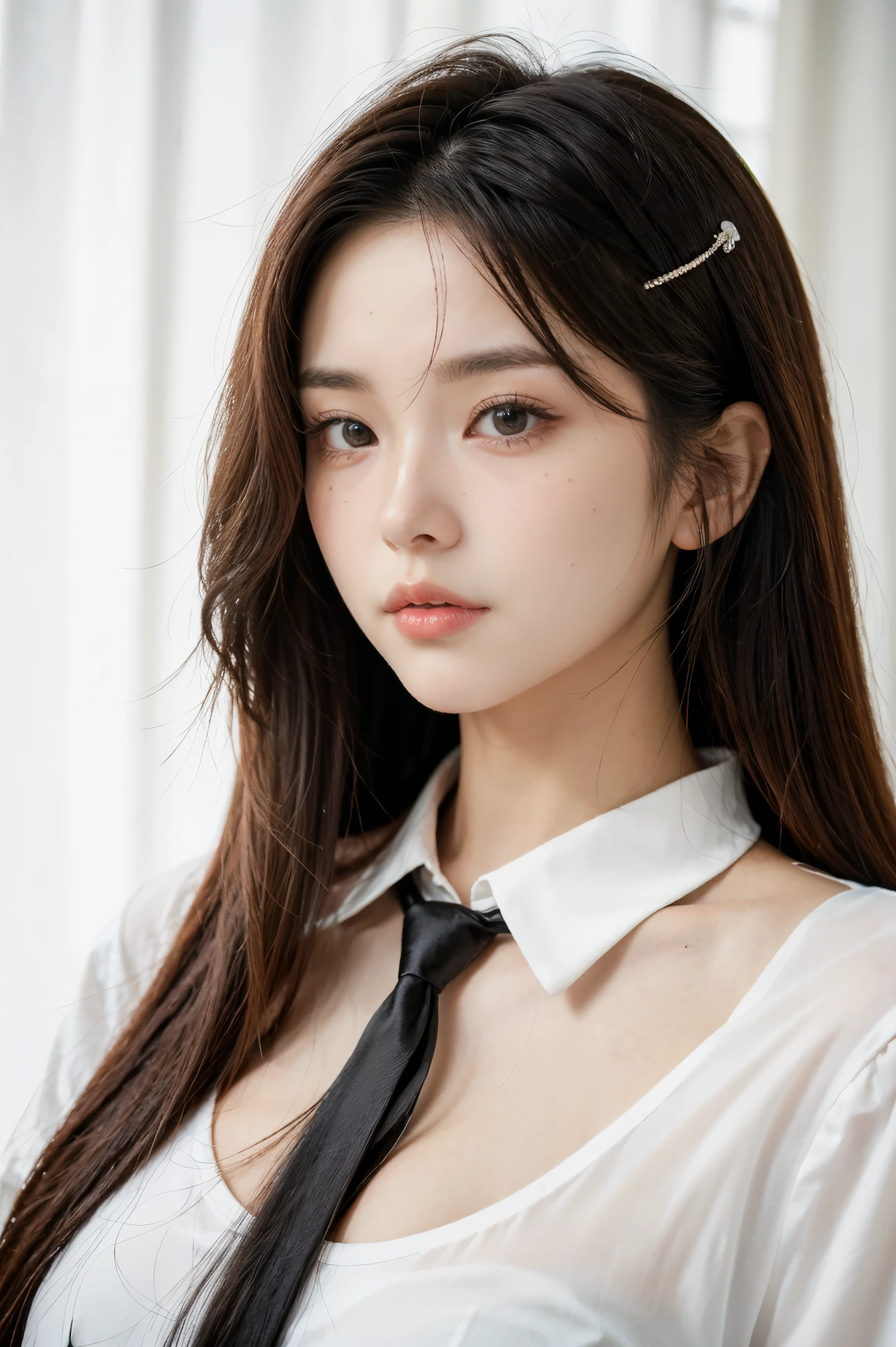 a close up of a woman with long hair wearing a white shirt, 1 , 18 years old, 19-year-old girl, xintong chen, korean girl, xision wu, heonhwa choe, 2 , 21 years old, ulzzang, wenfei ye, young cute wan asian face, lips