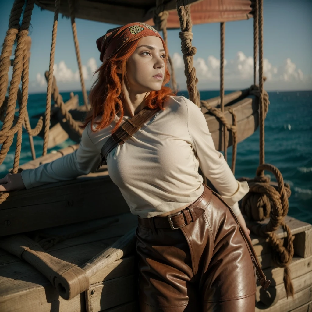 Nami, Female 17th century pirate, pirate captain, wavy shoulder length vivid red hair, red bandanna, puffy long sleeved white shirt, belt, large square belt buckle, long brown pantaloons, worn leather boots, period dress, dirty clothes, holding a cutlass, dramatic pose, on deck aboard a pirate ship, caribbean island, painterly illustration, best quality, 8k, masterpiece, bright vivid colours, colourful, medium close upperbody shot, bare belly, realistic, medium breasts