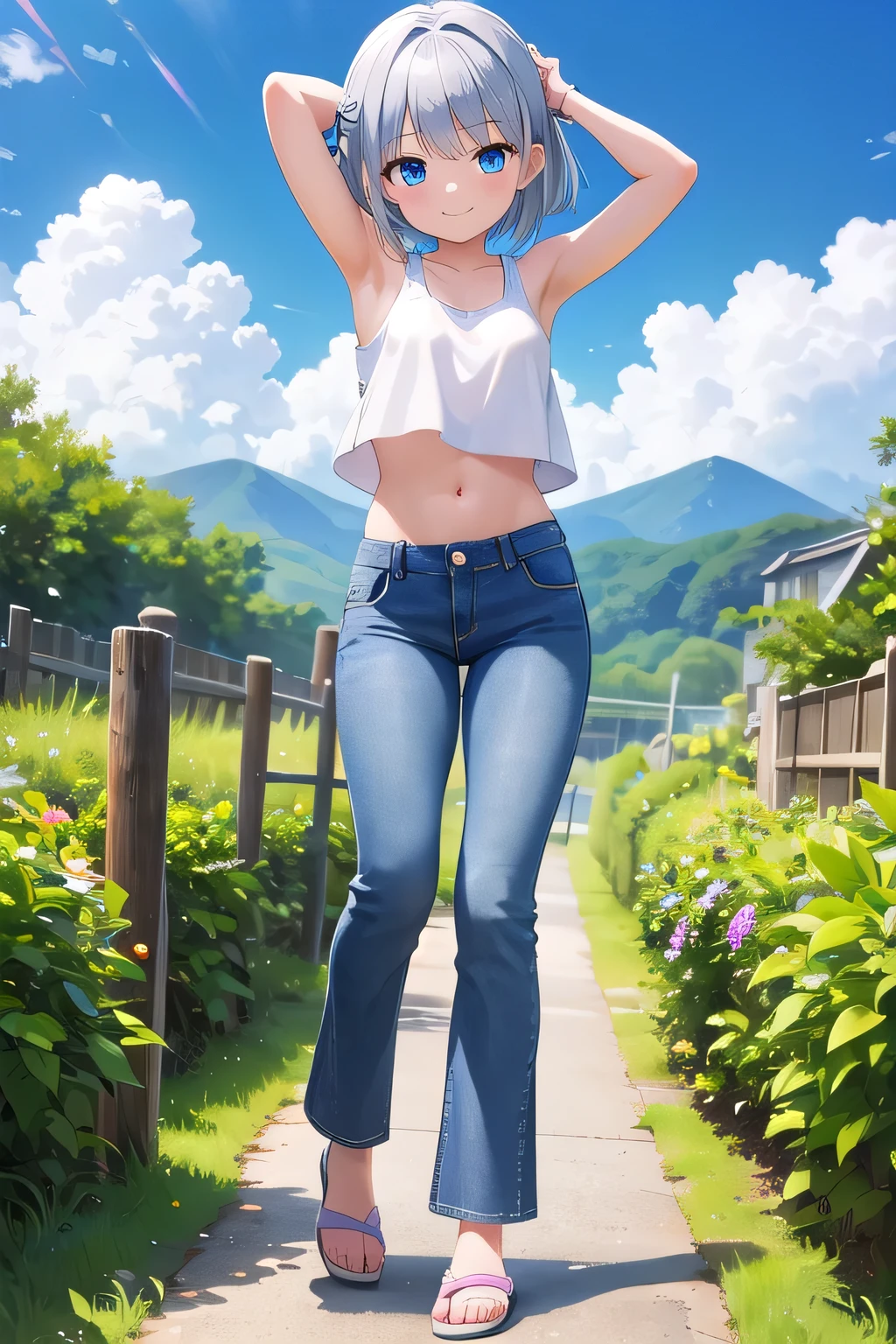 masterpiece,best quality,ultra detail,1girl, yo,pee,smile happy, garden, bright, sunshine, cloud, middle hair, blue eyes, silver hair, hair ornament, ribbon hair ornament, Raise your arms and behind your head,White teeth, white tank tops, crop tops jeans pants, (flares jeans 1:1), blue jeans, Slippers, (((full body))), legs full stretched out, diving pose