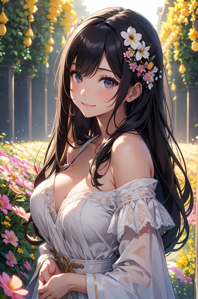 Realistic,  high definition, Soft light,1 female, 、Japanese、Alone,  glowing skin , (  Detailed Face ), (Black Hair),( long hair), Off Shoulder Dress , white mini skirt dress,Soft and warm tones, Delicate brushwork,  proper use of light and shadow , ((Vast flower fields),(Surrounded by flowers)),(per masseter:1.3)、 big breasts at the temple, wide open chest ,excessive exposure of the skin,smile、
