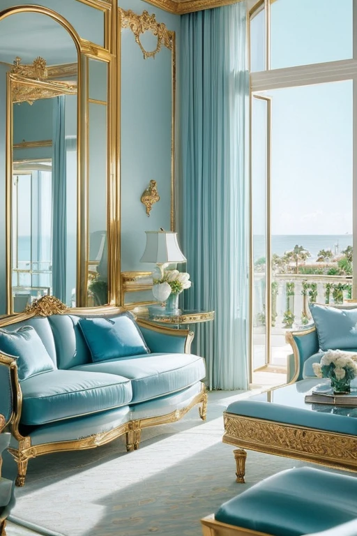 dreamy, luxurious apartment with glossy satin metallic furniture at morning with a view of palm beach. gradient of light blue and white sky, enhancing the magical, serene atmosphere. 1994 retro film still, retrowave