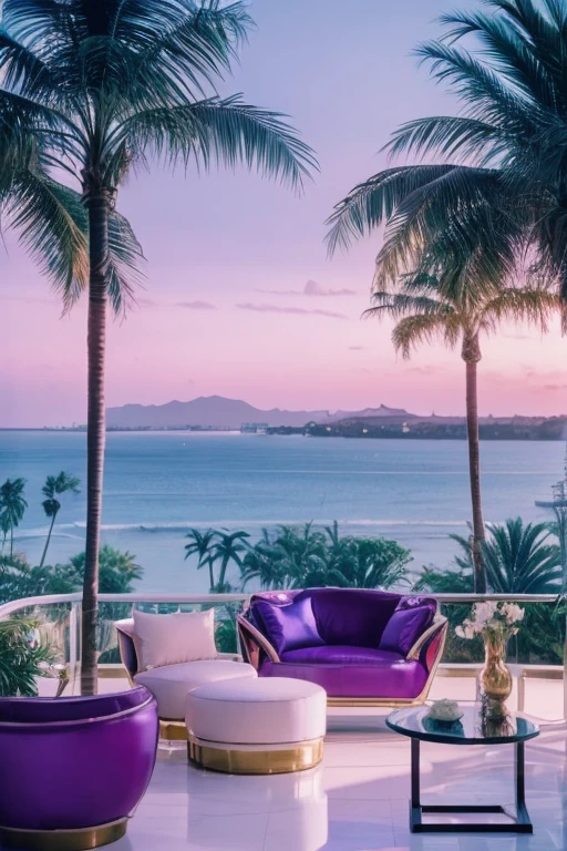 dreamy, luxurious apartment with glossy satin metallic furniture at morning with a view of palm beach. gradient of light blue and purple sky, enhancing the magical, serene atmosphere. 1994 retro film still, retrowave