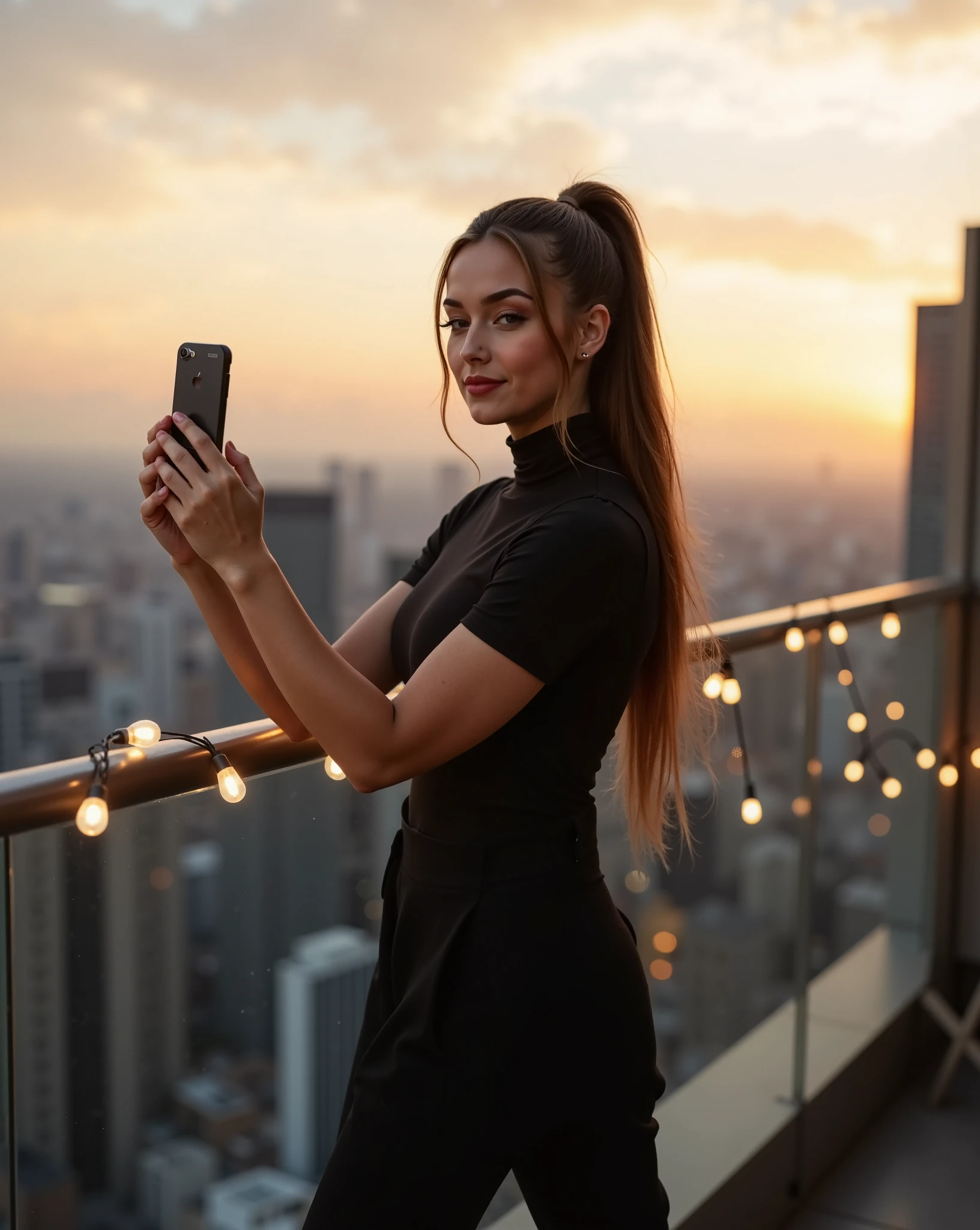 Gaia is stylish young influencer in her late 20s is standing on a rooftop terrace overlooking a bustling cityscape at sunset. She’s dressed in a sleek, minimalist outfit: a fitted black turtleneck, high-waisted trousers, and elegant heels. Her hair is brown, styled in a high ponytail, and she wears subtle, glowing makeup with a matte red lip. She’s holding a smartphone as if preparing to take a selfie, with a confident, friendly expression. Around her, string lights glow softly, casting a warm ambiance over the scene. Behind her, the skyline glistens in the golden hour light, with tall buildings and a few wispy clouds enhancing the atmosphere of a chic urban evening. ((anti:1.5))