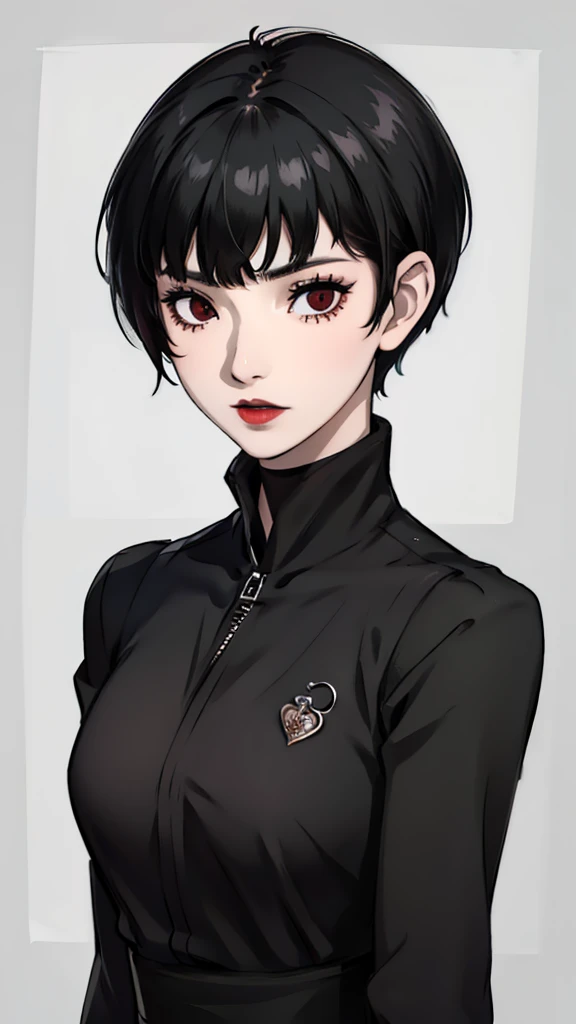 1 girl, very Short hair, tomboy Pixie haircut, black hair, red eyes, black lipstick, black lipstick, black choker, bandeja , face portrait, bangs, front face, face focus