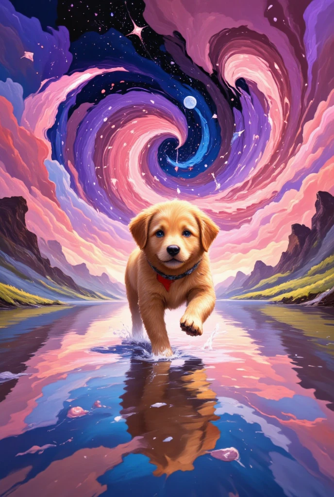 DB4RZ style painting,a small golden retriever puppy running on a reflective lake surface, rippling water, colorful space background filled with swirling pink and purple nebulae and distant planets, lost and confused expression,