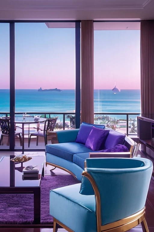 dreamy, luxurious apartment with glossy satin metallic furniture at morning with a view of palm beach. gradient of light blue and purple sky, enhancing the magical, serene atmosphere. 1994 retro film still, retrowave