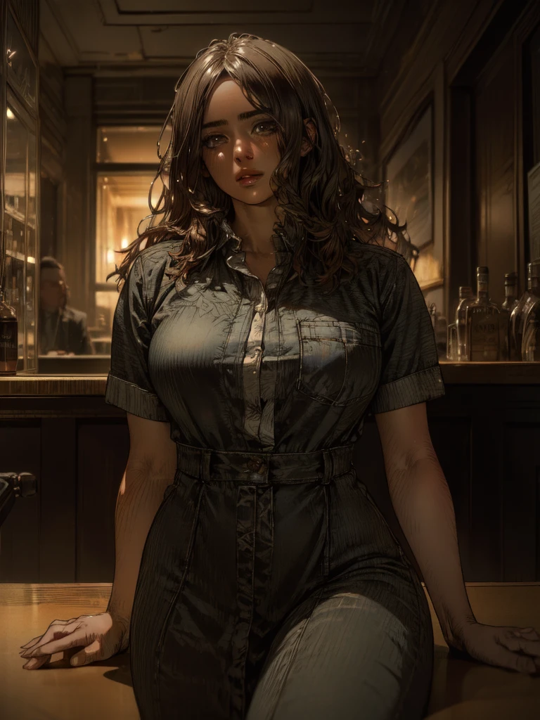 1 female bartender at an elegant gentleman's club, beautiful detailed eyes, beautiful detailed lips, extremely detailed face and hair, bartender uniform, fancy bar counter, dimly lit lounge, neon sign, moody lighting, cinematic composition, photorealistic, hyper detailed, (best quality,8k,highres,masterpiece:1.2),ultra-detailed,(realistic,photorealistic,photo-realistic:1.37),cinematic lighting,dramatic shadows,warm color tones,chiaroscuro