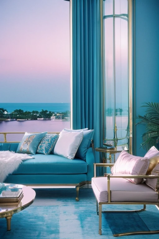 dreamy, luxurious apartment with glossy satin metallic furniture in light blue at morning with a view of palm beach. gradient of light blue and purple sky, enhancing the magical, serene atmosphere. 1994 retro film still, retrowave