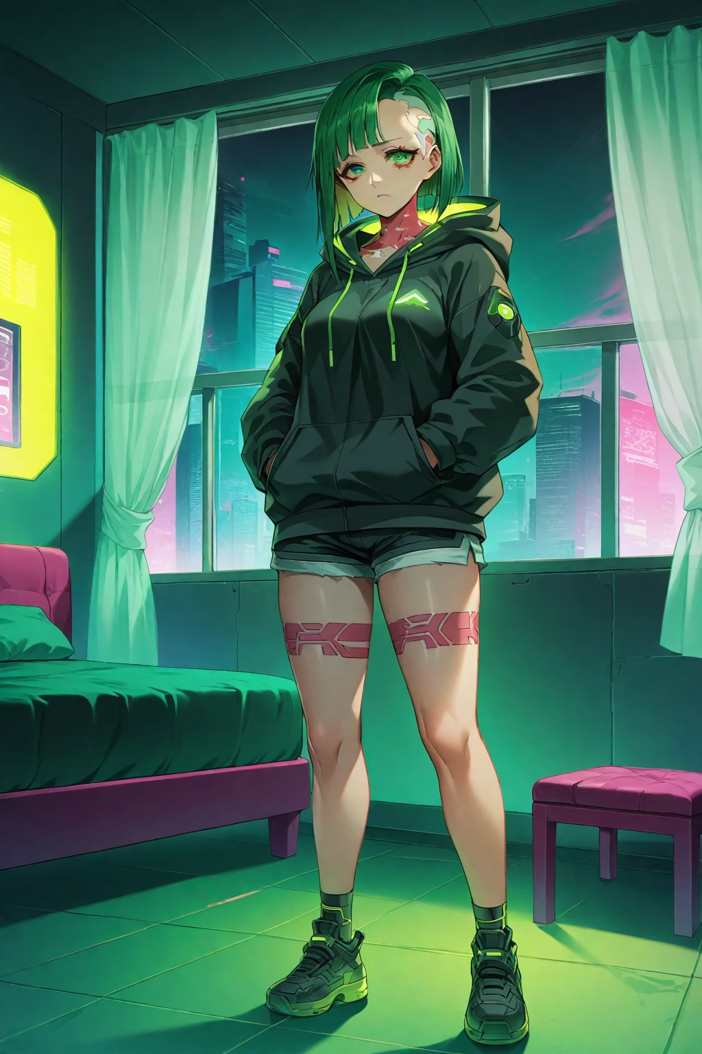 1 woman, green eyes and a black jacket holding a gun, high thighs, long sleeves, standing, shoes, shorts, black thighs, indoors, hood, hoodie, hood down, curtains, sneakers, hands on pockets, cyberpunk anime art, cyberpunk anime woman, best konachan 4k anime wallpaper, mech cyberpunk anime woman, cyberpunk anime woman, cyberpunk anime art, 4k anime style, digital cyberpunk anime art, anime woman cyberpunk with hoodie, 4k anime wallpaper, 4k anime wallpaper, cyberpunk anime