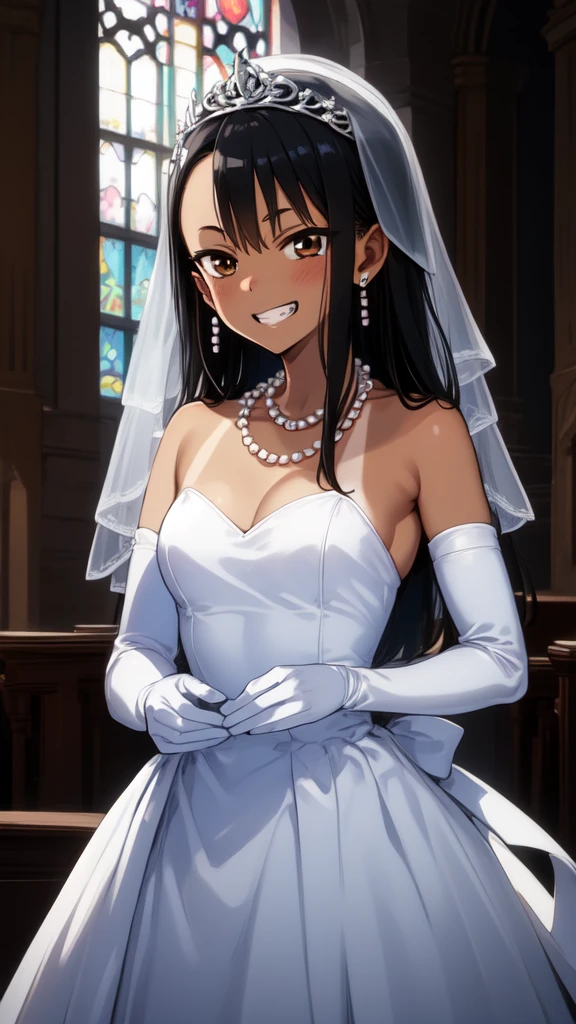 1girl, cowboy shot, grin, church, bridal stance, 
nagatoro_hayase, brown eyes, black hair, long hair, dark skin, dark-skinned female, tan, tanlines, hairclip, dress, solo, gloves, jewelry, wedding_dress, necklace, veil, earrings, white_dress, white_gloves, elbow_gloves, bridal_veil, tiara, bride, pearl_necklace, hair_bun, best quality, masterpiece, highres, (masterpiece), best quality, expressive eyes, perfect face, good hands, best hands, detailed, high quality, high resolution. 8k