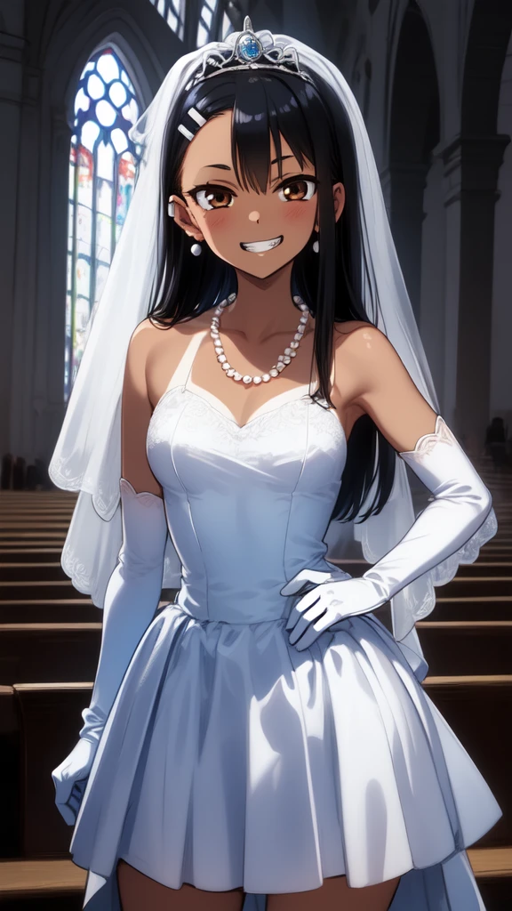 1girl, cowboy shot, grin, church, bridal stance, 
nagatoro_hayase, brown eyes, black hair, long hair, dark skin, dark-skinned female, tan, tanlines, hairclip, dress, solo, gloves, jewelry, wedding_dress, necklace, veil, earrings, white_dress, white_gloves, elbow_gloves, bridal_veil, tiara, bride, pearl_necklace, hair_bun, best quality, masterpiece, highres, (masterpiece), best quality, expressive eyes, perfect face, good hands, best hands, detailed, high quality, high resolution. 8k