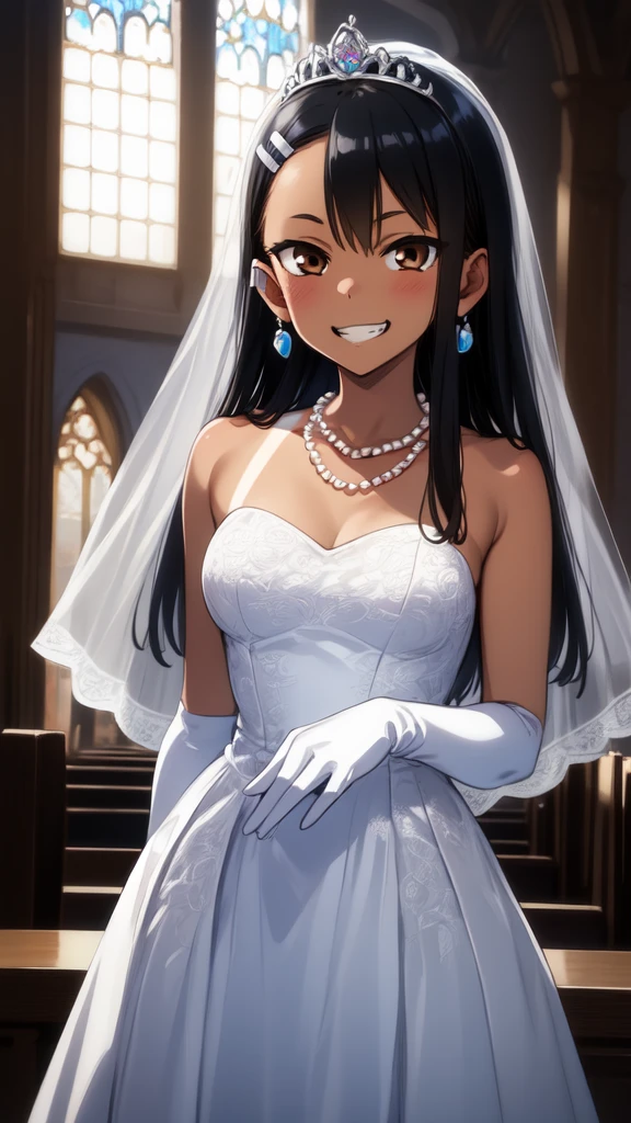 1girl, cowboy shot, grin, church, bridal stance, 
nagatoro_hayase, brown eyes, black hair, long hair, dark skin, dark-skinned female, tan, tanlines, hairclip, dress, solo, gloves, jewelry, wedding_dress, necklace, veil, earrings, white_dress, white_gloves, elbow_gloves, bridal_veil, tiara, bride, pearl_necklace, hair_bun, best quality, masterpiece, highres, (masterpiece), best quality, expressive eyes, perfect face, good hands, best hands, detailed, high quality, high resolution. 8k