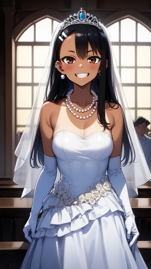 1girl, cowboy shot, grin, church, bridal stance, 
nagatoro_hayase, brown eyes, black hair, long hair, dark skin, dark-skinned female, tan, tanlines, hairclip, dress, solo, gloves, jewelry, wedding_dress, necklace, veil, earrings, white_dress, white_gloves, elbow_gloves, bridal_veil, tiara, bride, pearl_necklace, hair_bun, best quality, masterpiece, highres, (masterpiece), best quality, expressive eyes, perfect face, good hands, best hands, detailed, high quality, high resolution. 8k