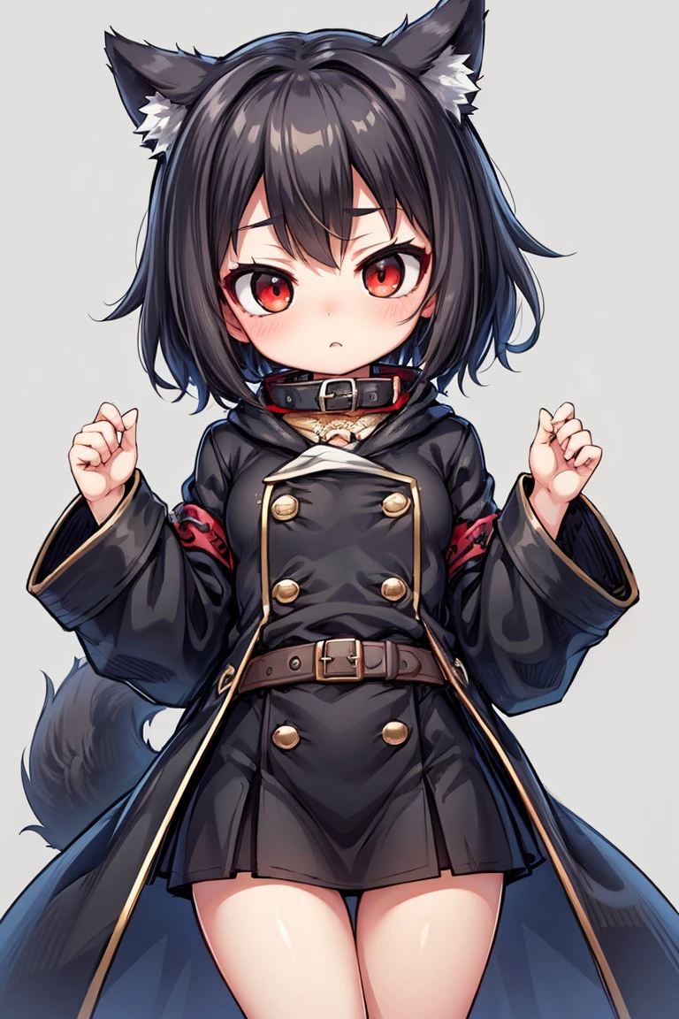  Best Quality, 4K, masterpiece,  girl, mini breasted , red eyes, Gray Hair,  short - medium hair , Wolf Girl, Whitetail,   black long coat ,  black long skirt, black belt, Red collar, Black clothes