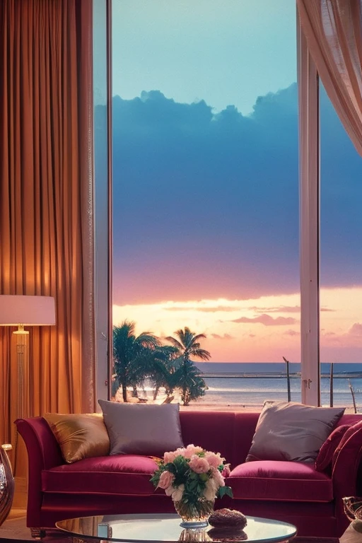 dreamy, luxurious apartment with glossy satin metallic furniture at morning with a view of palm beach. gradient sky, enhancing the magical, serene atmosphere. 1994 retro film still, retrowave