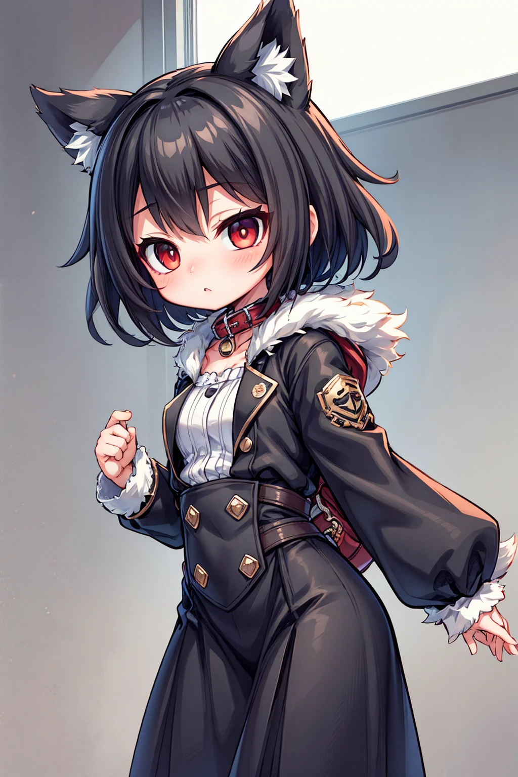  Best Quality, 4K, masterpiece,  girl, mini breasted , red eyes, Gray Hair,  short - medium hair , Wolf Girl, Whitetail,   black long coat ,  black long skirt, black belt, Red collar, Black clothes