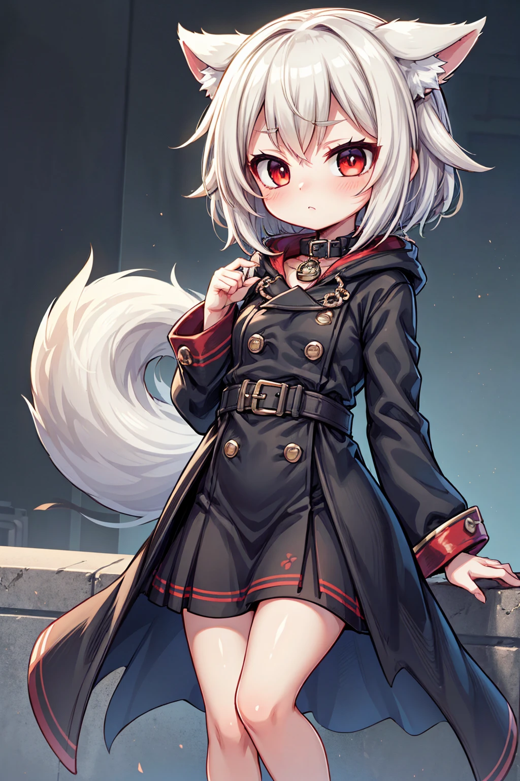  Best Quality, 4K, masterpiece,  girl, mini breasted , red eyes, Gray Hair,  short - medium hair , Wolf Girl, Whitetail,   black long coat ,  black long skirt, black belt, Red collar, Black clothes