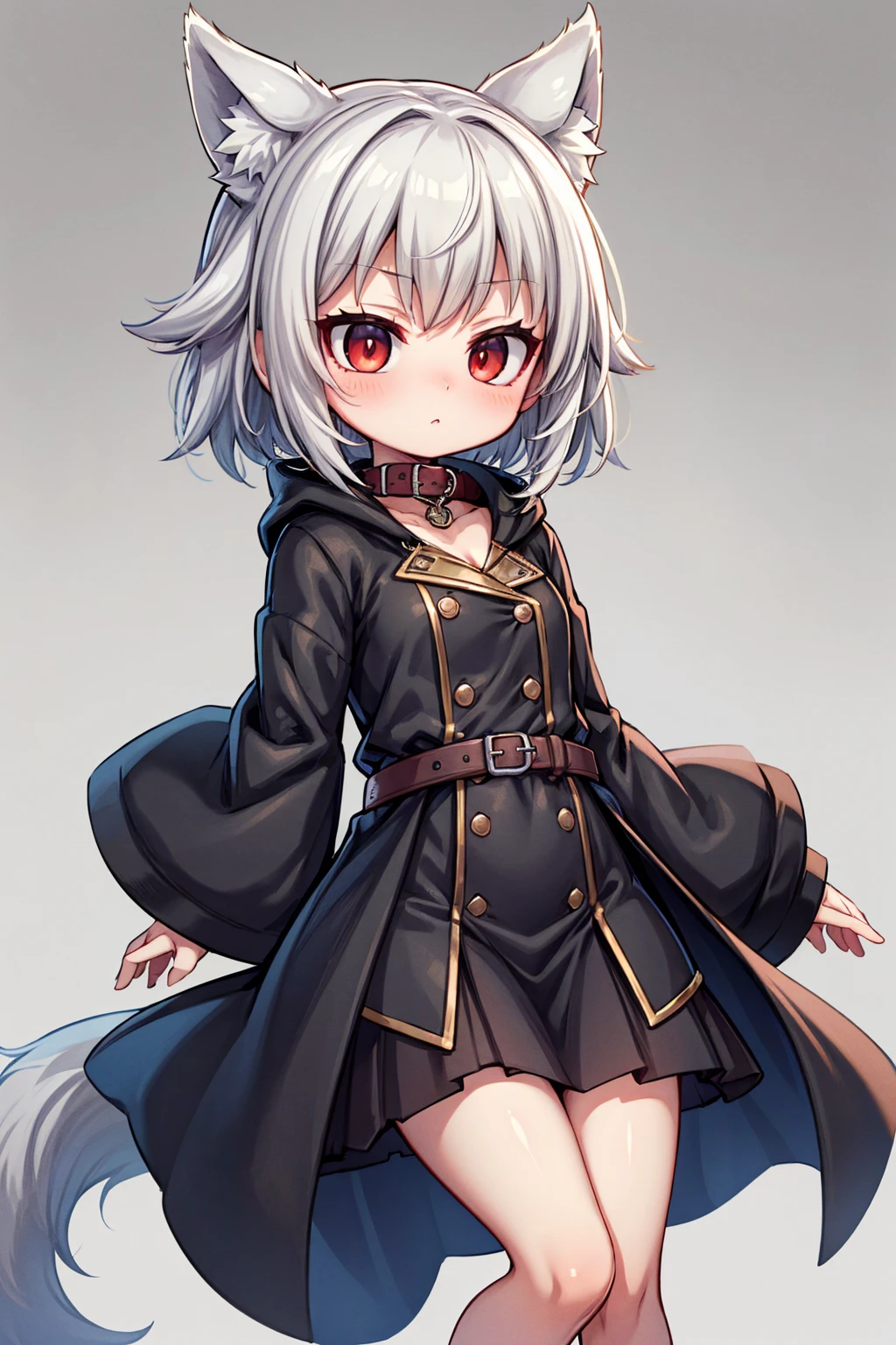  Best Quality, 4K, masterpiece,  girl, mini breasted , red eyes, Gray Hair,  short - medium hair , Wolf Girl, Whitetail,   black long coat ,  black long skirt, black belt, Red collar, Black clothes